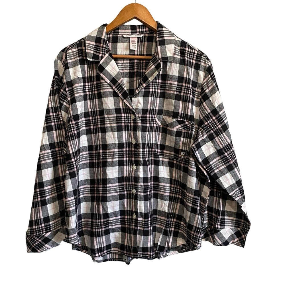 Victoria's Secret White Black Pink Flannel Pajama Button XL Sleepwear Comfort